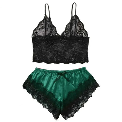 Ensemble de pyjama sexy en satin et dentelle pour femme, lingerie, short à bretelles élastiques, vêtements de nuit, sous-vêtements sans manches