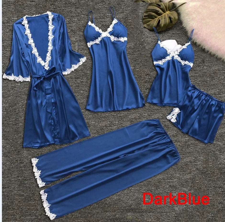 Pyjama cinq pièces sexy en dentelle, chemise de nuit, vêtements de nuit, printemps-été, peignoir ample en satin, vêtements de maison