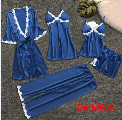 Pyjama cinq pièces sexy en dentelle, chemise de nuit, vêtements de nuit, printemps-été, peignoir ample en satin, vêtements de maison