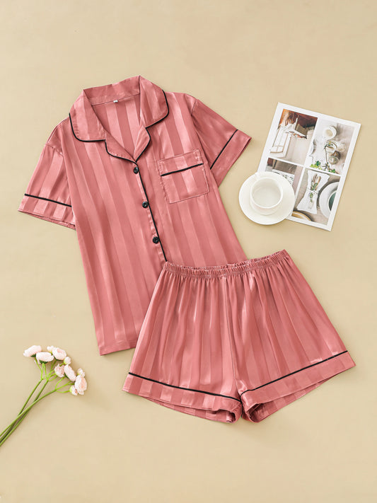 Ensemble de pyjama en satin jacquard rayé pour femme, chemisier à manches courtes avec revers et short ample, vêtements de détente pour femme
