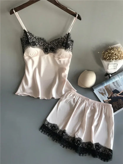 Pyjama d'été pour femme, ensemble tendance, col en V, en satin extensible, nuisette en dentelle, lingerie sexy, short de nuit