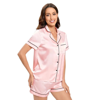 Pyjama d'été en satin de soie pour femme, ensemble haut boutonné et short, 2 pièces, vêtements de nuit à col cranté, vêtements de nuit pour femmes
