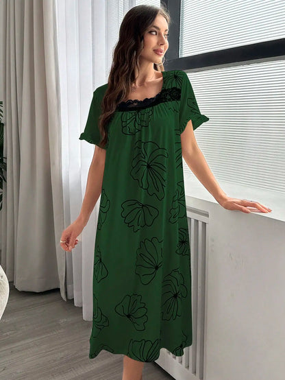Pyjama d'été une pièce pour femme, imprimé floral élégant, col carré, longue chemise de nuit ample, peut être porté à l'extérieur, peignoir de maison