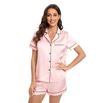 Pyjama d'été en satin de soie pour femme, ensemble haut boutonné et short, 2 pièces, vêtements de nuit à col cranté, vêtements de nuit pour femmes
