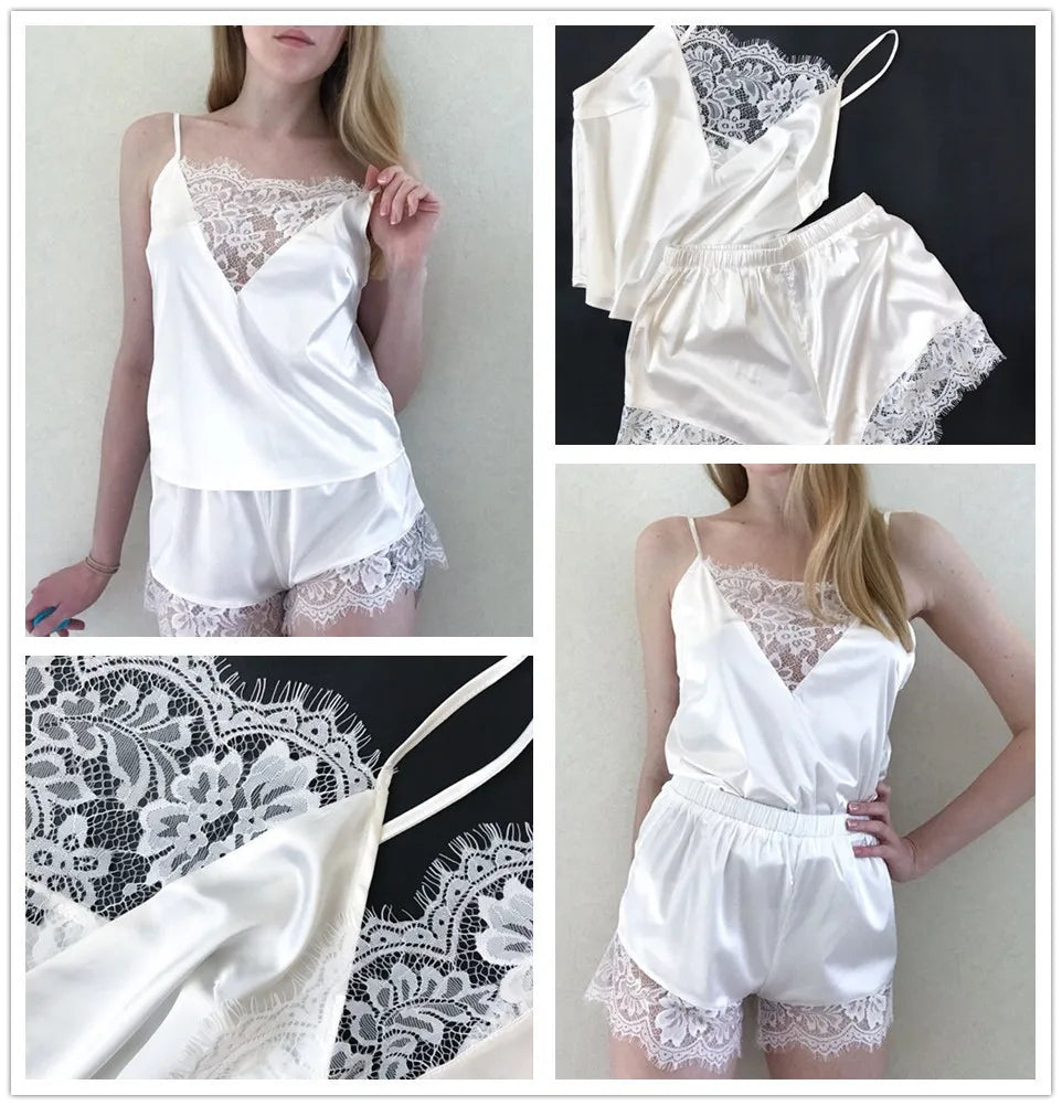 Ensemble de pyjama 2 pièces à imprimé floral pour femme, haut et short en satin de soie, col en V, vêtements de nuit sexy