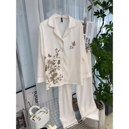 Pyjama élégant à imprimé papillon pour femme, style ins, en soie glacée à chevrons, respirant et doux, en satin