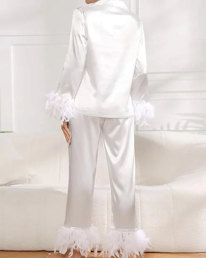 Ensemble 2 pièces à manches longues et pantalon long, pyjama blanc pour demoiselle d'honneur, robe de soirée en satin à revers multicolore, élasticité, pyjama sexy pour femme