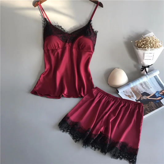 Pyjama d'été pour femme, ensemble tendance, col en V, en satin extensible, nuisette en dentelle, lingerie sexy, short de nuit