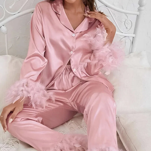 Ensemble 2 pièces à manches longues et pantalon long, pyjama blanc pour demoiselle d'honneur, robe de soirée en satin à revers multicolore, élasticité, pyjama sexy pour femme