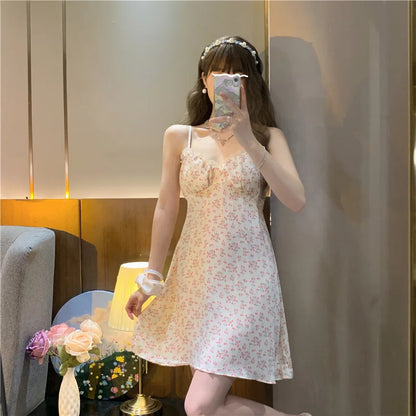 Robe de pyjama florale de style célèbre sur Internet, pyjama fin et simple pour femme, vêtements d'été pour la maison