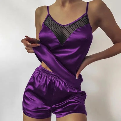 Ensemble de pyjama en satin et dentelle pour femme, vêtements de nuit, col en V, extensible, lingerie sexy, débardeur à bretelles, short, vêtements de nuit