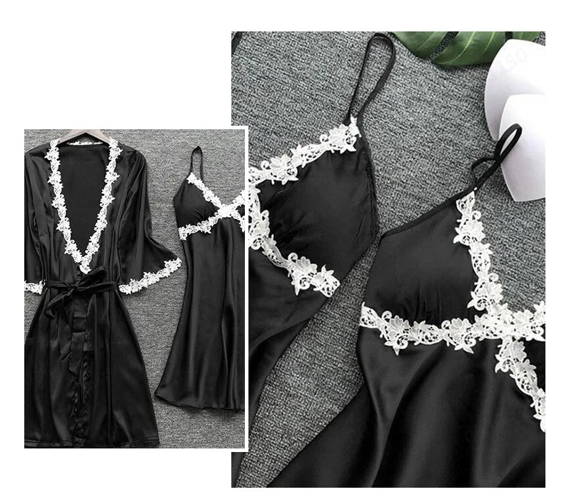 Pyjama cinq pièces sexy en dentelle, chemise de nuit, vêtements de nuit, printemps-été, peignoir ample en satin, vêtements de maison