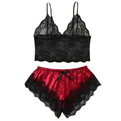 Ensemble de pyjama sexy en satin et dentelle pour femme, lingerie, short à bretelles élastiques, vêtements de nuit, sous-vêtements sans manches