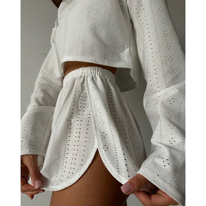 Pyjama d'été ajouré pour femme, haut à manches longues et short, ensemble 2 pièces