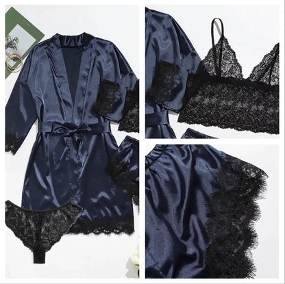 Pyjama tendance pour femme, imprimé, sexy, bordure en dentelle, imitation soie, satin, doux pour la peau, confortable, vêtements de détente, pyjama sexy