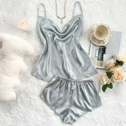 Pyjama sans manches en satin de soie, col en V, ample, caraco, short, chemise de nuit, vêtements de maison, ensembles de vêtements de nuit en soie glacée, été, femme
