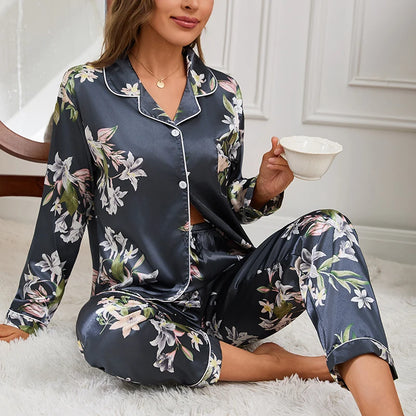 Pyjama 2 pièces en satin pour femme, vêtement d'automne à imprimé floral, haut à manches longues, pantalon de pyjama