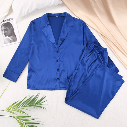 Ensemble de pyjama sexy à coupe basse pour femme, pantalon ample et décontracté à manches longues, en satin de soie uni, haut ajusté, 2 pièces