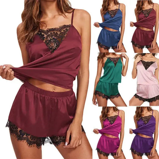 Ensemble de pyjama 2 pièces à imprimé floral pour femme, haut et short en satin de soie, col en V, vêtements de nuit sexy