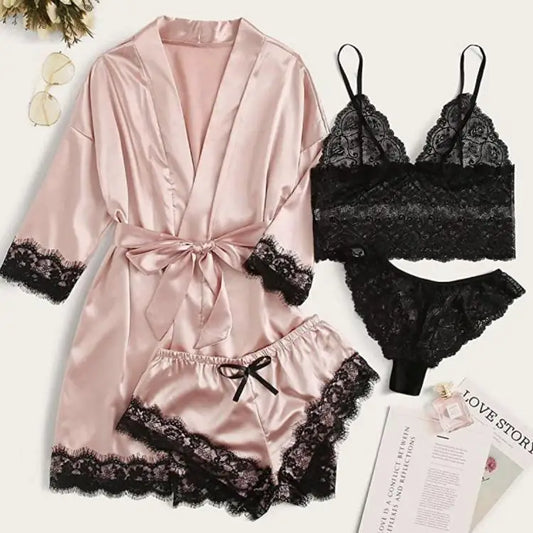 Pyjama tendance pour femme, imprimé, sexy, bordure en dentelle, imitation soie, satin, doux pour la peau, confortable, vêtements de détente, pyjama sexy
