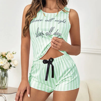 Pyjama d'été à rayures pour femme, imprimé, en imitation coton, col rond, débardeur et short, 2 pièces, doux, sans manches, vêtements de nuit pour la maison
