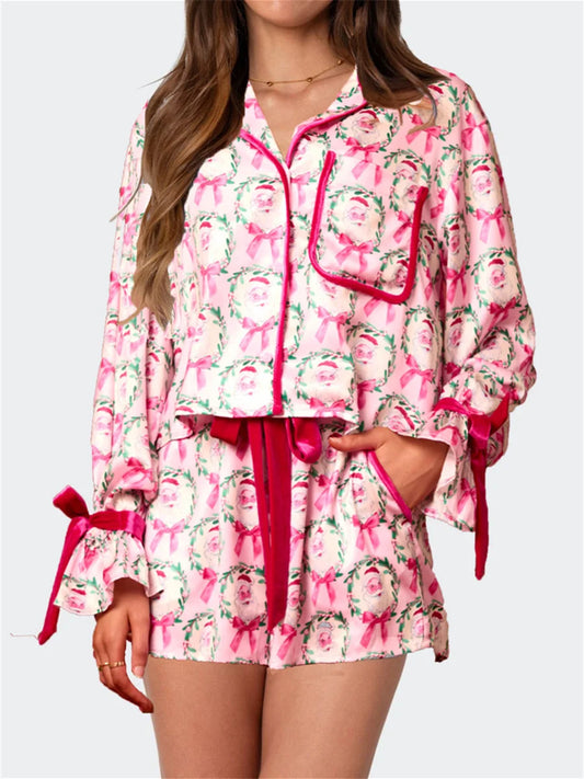 Pyjama de Noël 2025 pour femme, ensemble 2 pièces, chemise à manches longues et short en satin de soie, motif amusant