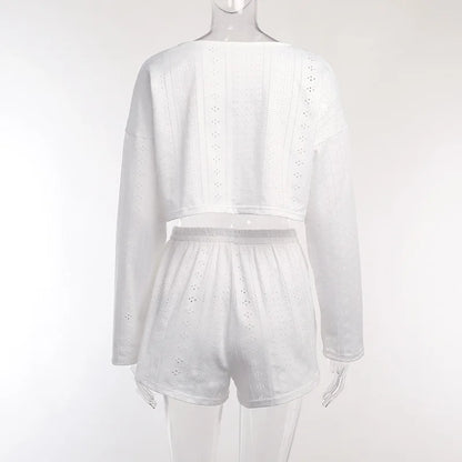 Pyjama d'été ajouré pour femme, haut à manches longues et short, ensemble 2 pièces