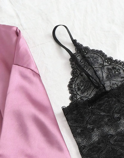Pyjama tendance pour femme, imprimé, sexy, bordure en dentelle, imitation soie, satin, doux pour la peau, confortable, vêtements de détente, pyjama sexy