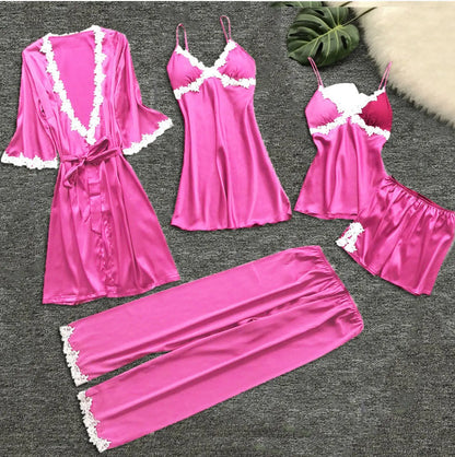 Pyjama cinq pièces sexy en dentelle, chemise de nuit, vêtements de nuit, printemps-été, peignoir ample en satin, vêtements de maison