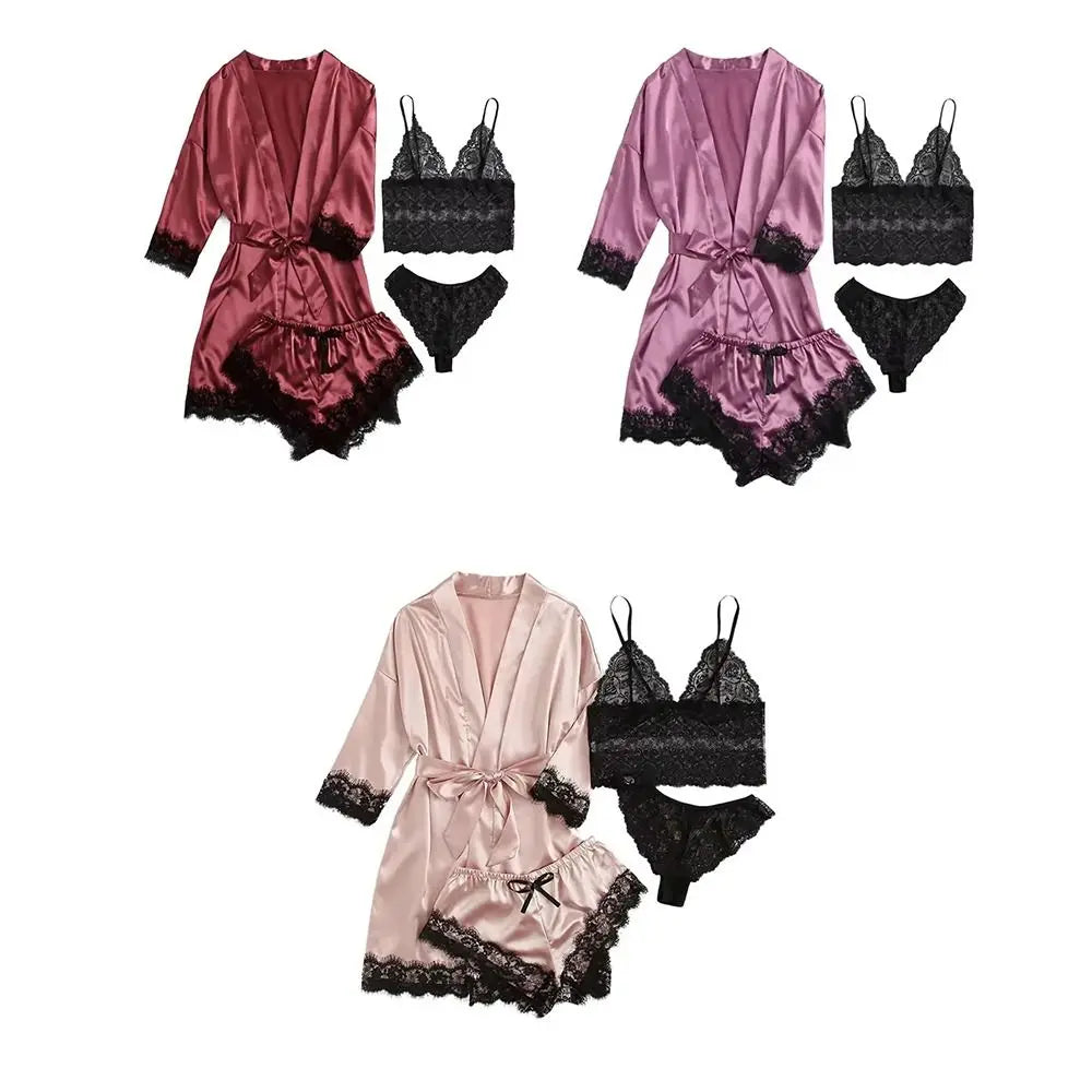 Pyjama élégant en satin à la mode, col en V, nœud papillon, short, caraco, chemise de nuit, culotte ample, ensembles de vêtements de nuit en dentelle pour filles