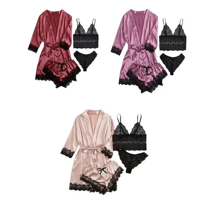 Pyjama élégant en satin à la mode, col en V, nœud papillon, short, caraco, chemise de nuit, culotte ample, ensembles de vêtements de nuit en dentelle pour filles