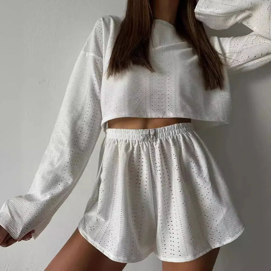 Pyjama d'été ajouré pour femme, haut à manches longues et short, ensemble 2 pièces