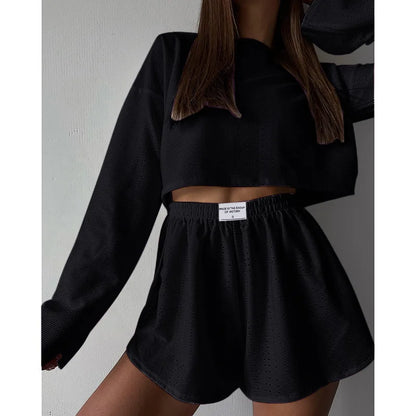 Pyjama d'été ajouré pour femme, haut à manches longues et short, ensemble 2 pièces