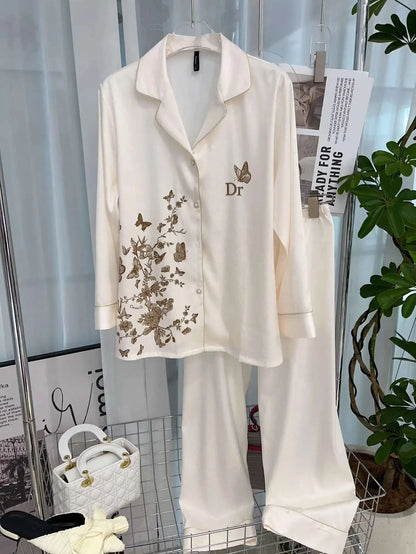 Pyjama élégant à imprimé papillon pour femme, style ins, en soie glacée à chevrons, respirant et doux, en satin
