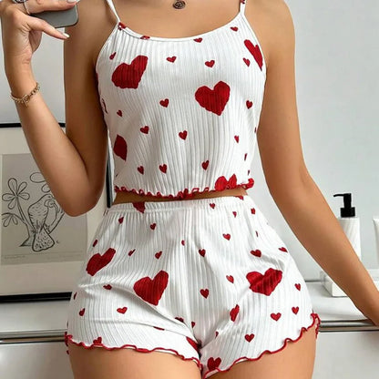 Ensemble pyjama 2 pièces pour femme, débardeur court et short, taille SML, blanc, respirant, doux, décontracté, imprimé Love