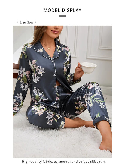 Pyjama 2 pièces en satin pour femme, vêtement d'automne à imprimé floral, haut à manches longues, pantalon de pyjama