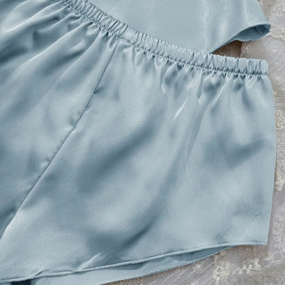 Pyjama sans manches en satin de soie, col en V, ample, caraco, short, chemise de nuit, vêtements de maison, ensembles de vêtements de nuit en soie glacée, été, femme