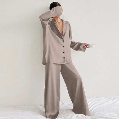 Ensemble de pyjama sexy à coupe basse pour femme, pantalon ample et décontracté à manches longues, en satin de soie uni, haut ajusté, 2 pièces