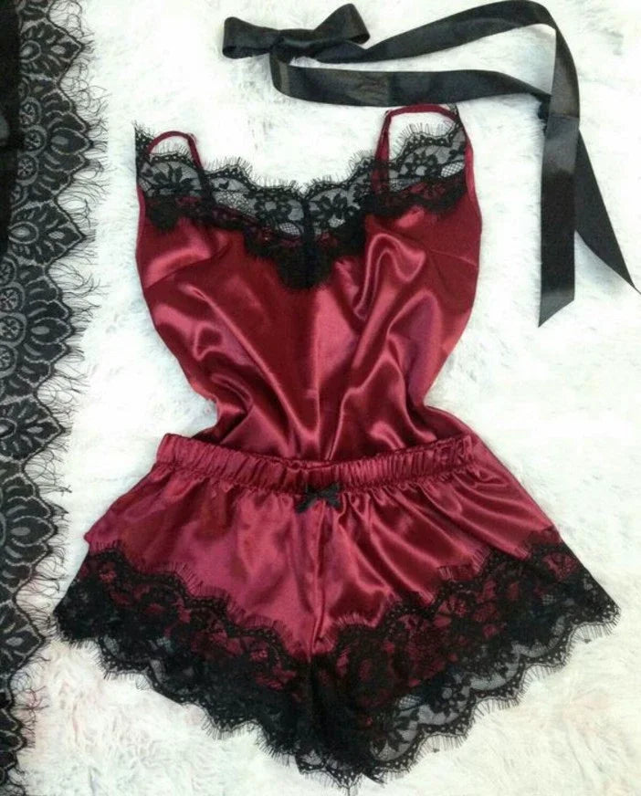 Ensemble de pyjama en satin et dentelle pour femme, vêtements de nuit, col en V, extensible, lingerie sexy, débardeur à bretelles, short, vêtements de nuit