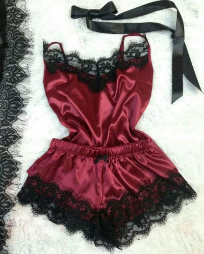 Ensemble de pyjama en satin et dentelle pour femme, vêtements de nuit, col en V, extensible, lingerie sexy, débardeur à bretelles, short, vêtements de nuit