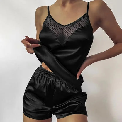 Ensemble de pyjama en satin et dentelle pour femme, vêtements de nuit, col en V, extensible, lingerie sexy, débardeur à bretelles, short, vêtements de nuit