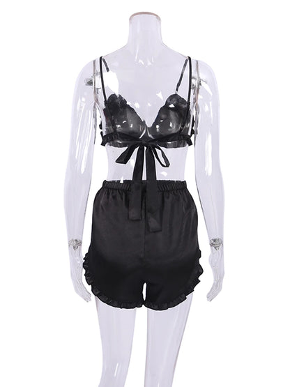 Ensembles de pyjama en dentelle patchwork avec soutien-gorge et sous-vêtements sexy en satin pour femme, 3 pièces, vêtements de nuit, peignoirs, 2023