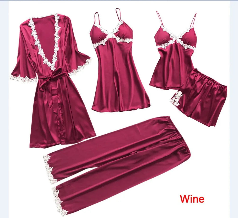 Pyjama cinq pièces sexy en dentelle, chemise de nuit, vêtements de nuit, printemps-été, peignoir ample en satin, vêtements de maison