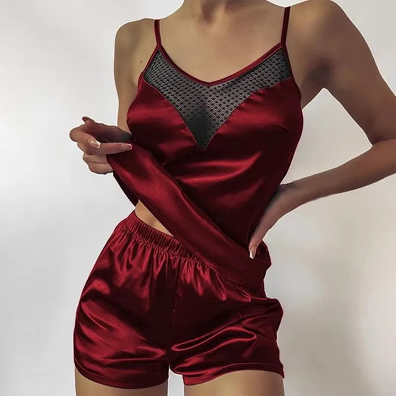 Ensemble de pyjama en satin et dentelle pour femme, vêtements de nuit, col en V, extensible, lingerie sexy, débardeur à bretelles, short, vêtements de nuit