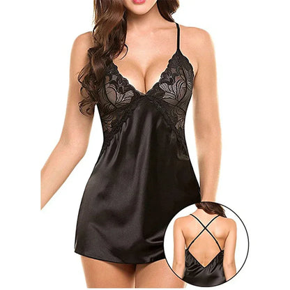 Pyjama dos nu sexy avec jupe porte-jarretelles pour femme, lingerie de nuit, vêtements de nuit en satin, chemise en dentelle, mini nuisette, nuisette