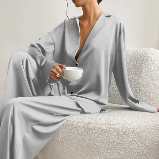 Ensemble de pyjama sexy à coupe basse pour femme, pantalon ample et décontracté à manches longues, en satin de soie uni, haut ajusté, 2 pièces