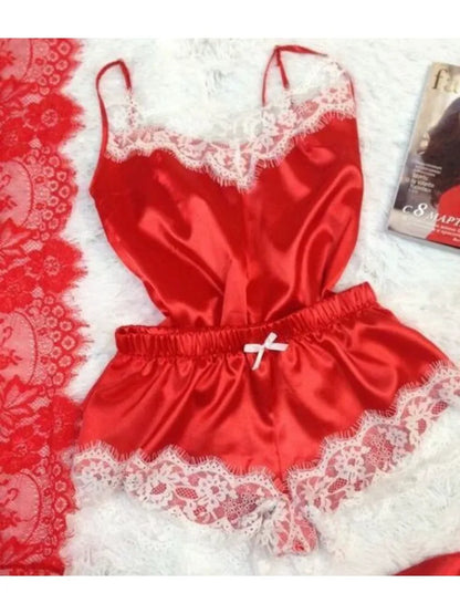Ensemble de pyjama en satin et dentelle pour femme, vêtements de nuit, col en V, extensible, lingerie sexy, débardeur à bretelles, short, vêtements de nuit