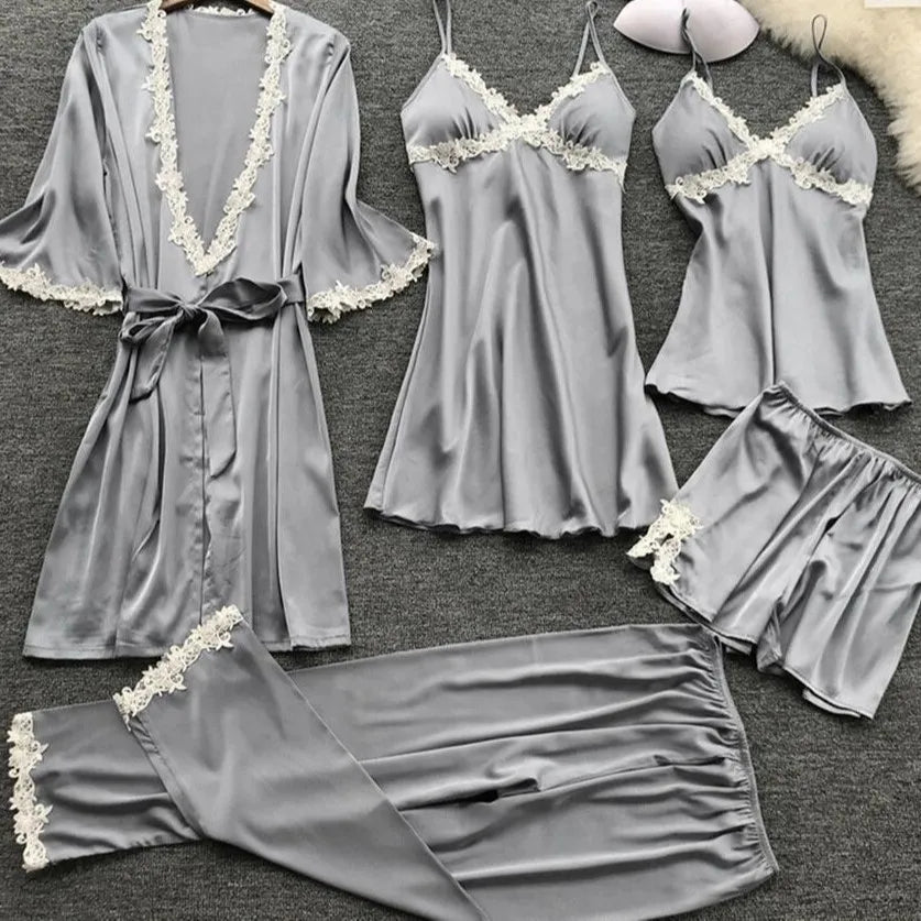 Pyjama cinq pièces sexy en dentelle, chemise de nuit, vêtements de nuit, printemps-été, peignoir ample en satin, vêtements de maison