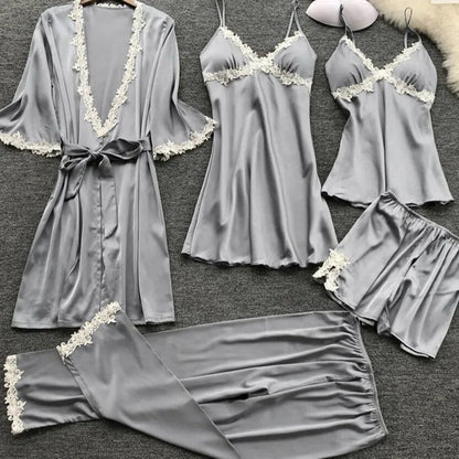 Pyjama cinq pièces sexy en dentelle, chemise de nuit, vêtements de nuit, printemps-été, peignoir ample en satin, vêtements de maison