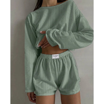 Pyjama d'été ajouré pour femme, haut à manches longues et short, ensemble 2 pièces